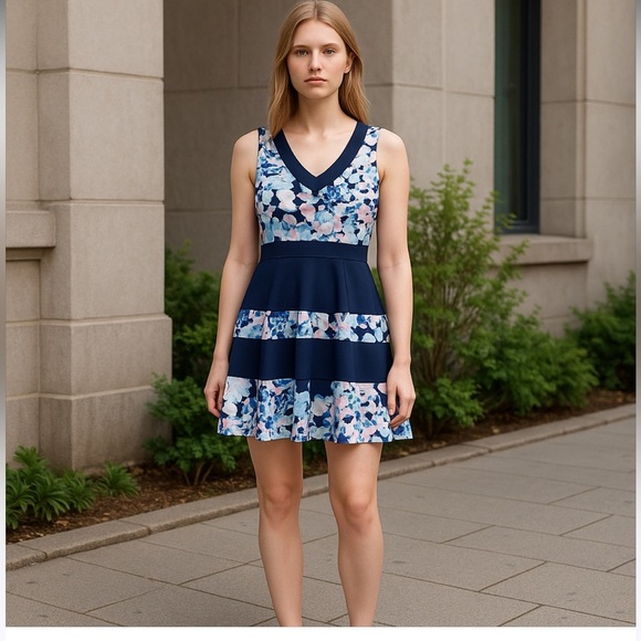 Trixxi Sleeveless V-Neck Summer Mini Dress | Navy Teal Pink | Women’s Large Flar - Picture 1 of 4